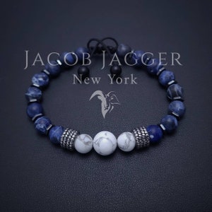 Matte Blue Sodalite & White Howlite Minimalist Bracelet for Men / Women. Adjustable w/ 8mm Stone Beads and Silver Stainless Steel Charms.