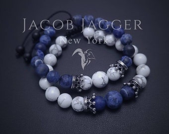 Matching Howlite & Sodalite Bracelet Set for Couples, Freindship, Long Distance and Family. Adjustable w/ 8mm Stones, Silver Stainless Steel