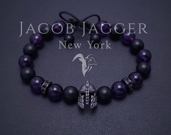 Deep Purple Amethyst & Onyx Helmet Bracelet for Men. Adjustable Spartan Warrior Bracelet w/ 8mm Gemstones and Silver Stainless Steel Charms.