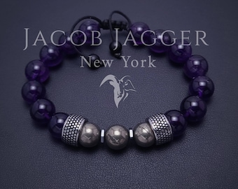 Echtes tief violettes Amethyst & Pyrit Armband für Männer. Große Perle größenverstellbar w / 10 mm Edelstein Perlen und Silber Edelstahl Anhänger