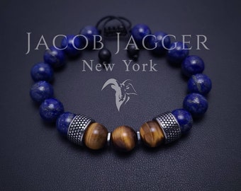 NATÜRLICHES Lapislazuli & Tigerauge Armband für Männer/Frauen. Verstellbar Elegant Luxus Stil w / 10mm Steinen und Silber Edelstahl Anhänger