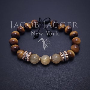 Gold Rutilated Quartz & Tigers Eye Luxury Bracelet for Men / Women. Adjustable w/ 10mm Big Beads and Rose Gold Stainless Steel Charms.