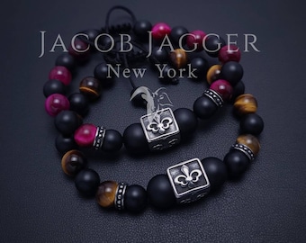 Fleur De Lis, Yellow & Pink Tigers Eye Bracelet Set for Couples, Best Friends, Long Distance or Family w/ 8mm Stones and Stainless Steel.