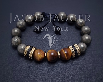 Pyrite & Tiger Eye Statement Bracelet for Men / Women. Adjustable Length w/ Natural 10mm Gemstone Beads and Gold Stainless Steel Charms.