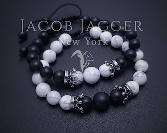 Onyx & Howlite Crown Bracelets for Couples, Friendship, Long Distance or Family. Matching Black and White Yin Yang Bracelet w/ 8mm Beads