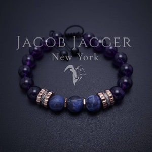 Deep Purple GENUINE Amethyst & Sodalite Luxury Bracelet for Men / Women. Adjustable w/ 10mm Stones and Silver / Rose Gold Stainless Steel.