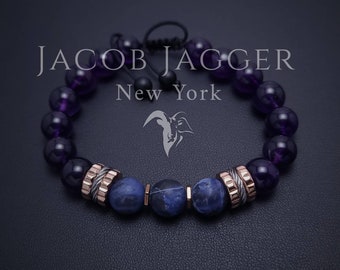 Deep Purple Echtes Amethyst & Sodalith Luxus Armband für Männer/Frauen. Verstellbar mit 10 mm Steinen und Silber / Rose Gold Edelstahl.