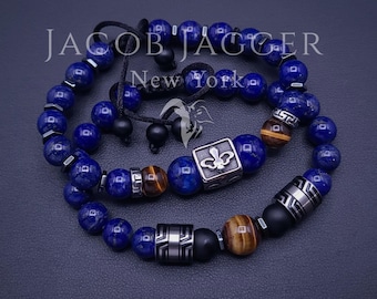 GENUINE Lapis Lazuli & Tiger&#39;s Eye Bracelet Set: Natural 8mm Gemstone Beads, Silver Stainless Steel Charms, Adjustable to Fit Style.