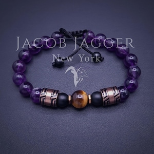 Deep Purple Amethyst & Tiger's Eye Bracelet: Adjustable Size, 8mm Gemstone Beads, Stainless Steel Charms in Gold, Rose Gold, Silver.