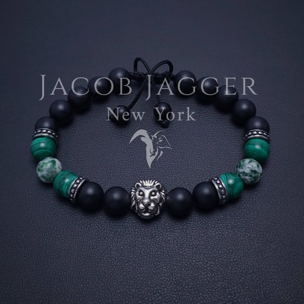 Matte Black Onyx & Green Malachite Leo Bracelet for Men / Women. Adjustable w/ 8mm Stone Beads and Silver Stainless Spacers and Lion Charms
