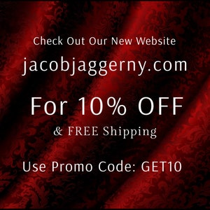 May include: Red and black patterned fabric with white text that reads "Check Out Our New Website jacobjaggerny.com For 10% OFF & FREE Shipping Use Promo Code: GET10"