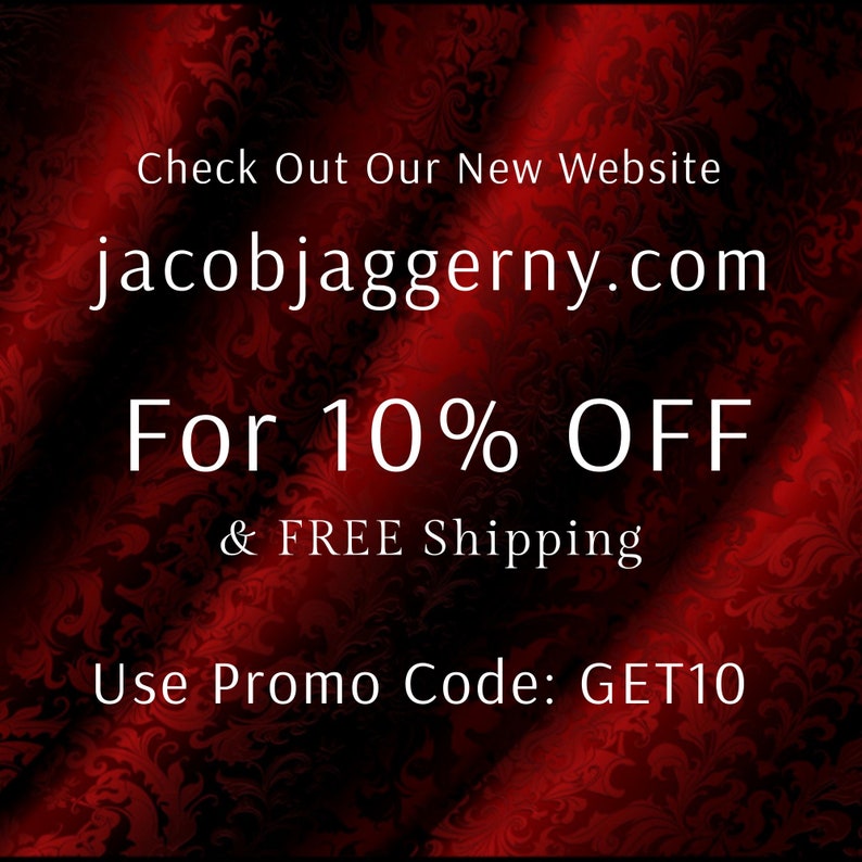 May include: Red and black patterned fabric with white text that reads "Check Out Our New Website jacobjaggerny.com For 10% OFF & FREE Shipping Use Promo Code: GET10"