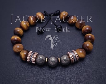 Pyrite & Tigers Eye Luxury Style Bracelet for Men / Women. Adjustable w/ Natural Big 10mm Stone Beads and Rose Gold Stainless Steel Spacers.