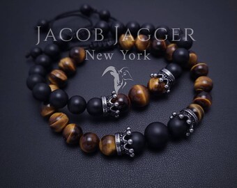 Tigers Eye & Black Onyx Matching Bracelets Set for Couples, Distance, Friendship. Adjustable Minimalist Crown Bracelet w/ Natural 8mm Stones