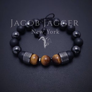 Matte Onyx, Tigers Eye & Hematite Bracelet for Men. Adjustable Luxury Style Bracelet w/ 10mm Stones and Silver Stainless Steel Charms.