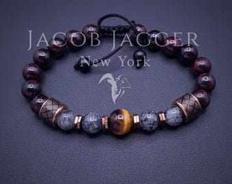 Deep Red Garnet & Black Rutilated / Rutile Quartz Bracelet: Adjustable Size, 8mm Gemstone Beads, Rose Gold Satinless Charms.