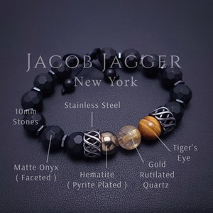 Eklypse Men's Beaded Bracelet – 10mm Onyx, Lava, Hematite & Red Tigers Eye, Handmade In USA, 8 Inch