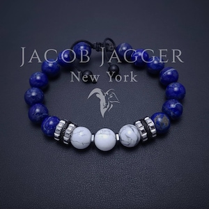 Howlite Marble & NATURAL Lapis Lazuli Luxury Style Bracelet for Men / Women. Adjustable Size w/ 10mm Beads and Silver Stainless Steel Charms