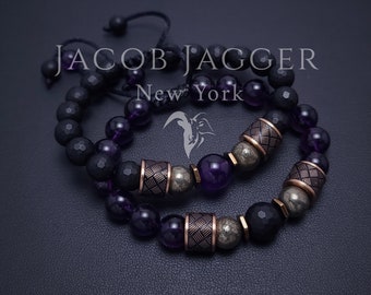 Matching Deep Purple Amethyst & Onyx Bracelets for Couples, Distance and Friendship. Adjustable w/ 8mm Stones Rose Gold Stainless Steel.