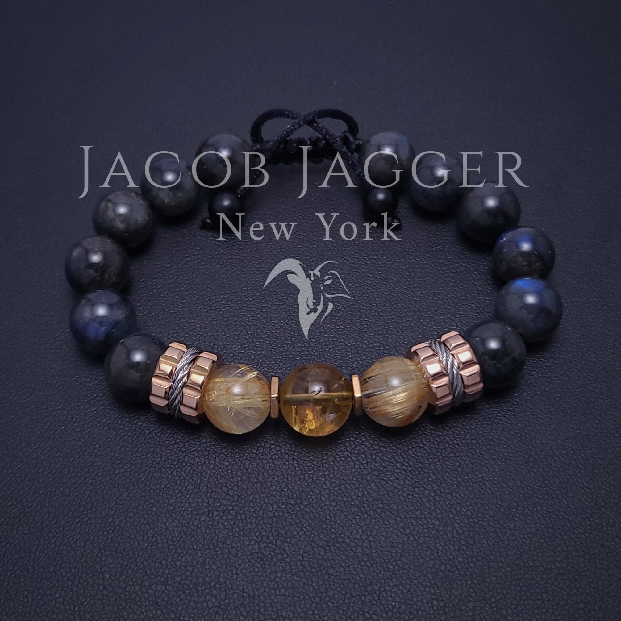 Blue Flash Tiefgrauer Labradorit & Gold Rutilquarz Luxus Armband für Männer / Frauen. Verstellbar mit 10mm Steinen und Edelstahl.