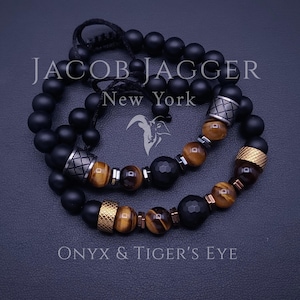 Matte Onyx & Tigers Eye Stainless Steel Beaded Bracelet for Men / Women. Adjustable w/ 8mm Beads and Non Tarnish Stainless Steel Spacers.