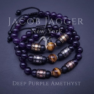 NATURAL Deep Purple Amethyst & Tigers Eye Beaded Bracelet. Adjustable w/ Non Tarnish Stainless Steel Charms, and 8mm Gemstone Beads.