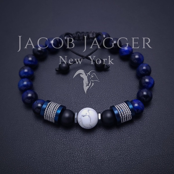 Howlite & Deep Blue Tigers Eye Mens Bracelet. Modern Design Adjustable Tiger Eye Bracelet w/ 8mm Stone Beads and Stainless Steel Charms