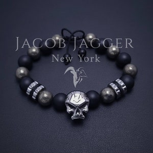 Pyrite & Matte Black Onyx, Stainless Steel Skull Bracelet for Men. Big Bead Adjustable Bracelet w/ 10mm Stone Beads and Silver Steel Charms
