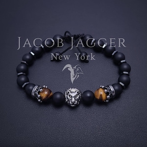Matte Onyx & Tiger Eye Leo Bracelet for Men / Women. Adjustable Size Lion Head Bracelet w/ 8mm Stone Beads and Silver Stainless Steel Crowns