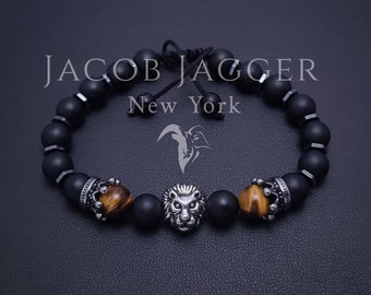 Matte Onyx & Tiger Eye Leo Bracelet for Men / Women. Adjustable Size Lion Head Bracelet w/ 8mm Stone Beads and Silver Stainless Steel Crowns