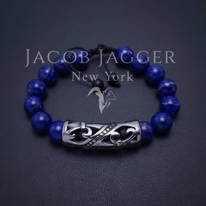 GRADE A Lapis Lazuli Fleur De Lis Luxury Bracelet Men / Women. Classic Style Bracelet w/ 10mm Big Beads & Silver Stainless Steel Spacer.