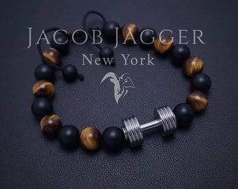 Matte Onyx & Tigers Eye Dumbbell Bracelet for Gym (Men or Women). Adjustable length w/ 8mm Beads and Silver Stainless Steel Charms.