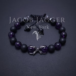 Your Inner Beast Claws, Deep Purple Amethyst & Matte Black Onyx Bracelet. Adjustable Length w/ 8mm Stones and Silver Stainless Steel Charm