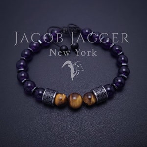 ECHTE dieppaarse armband met amethist en tijgeroog voor heren/dames. Eenvoudig verstelbaar met edelstenen van 8 mm en zilveren roestvrijstalen bedels.