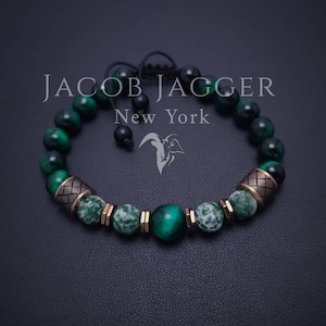 Tigers Eye & Green Spot Jasper Tribal Bracelet for Men / Women. Adjustable with Natural 8mm Beads and Rose Gold Stainless Steel Charms.