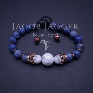 Matte Blue Sodalite & White Howlite, Rose Gold Stainless Steel Crown Bracelet. Adjustable To Fit w/ 8mm Beads and No Fade Crown Charms.