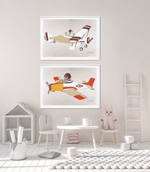 Set Of 2 Elephant Bunny Airplane For Nursery And Boy S Etsy