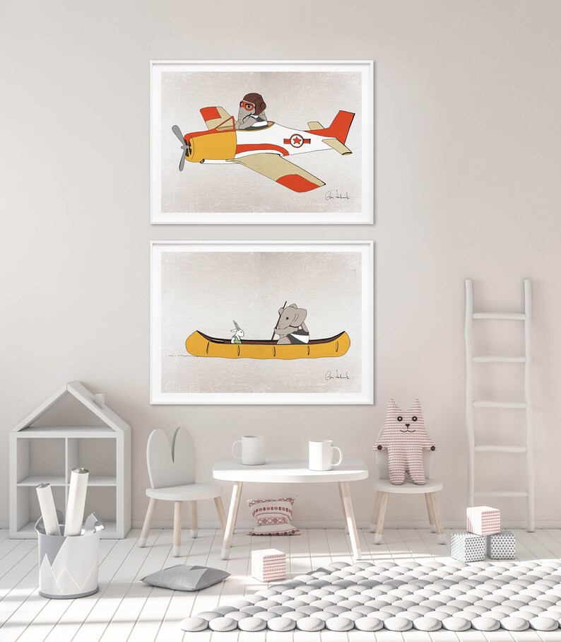 Baby Bedroom Setairplane Kids Art Canoe Wall Decor Elephnat Etsy