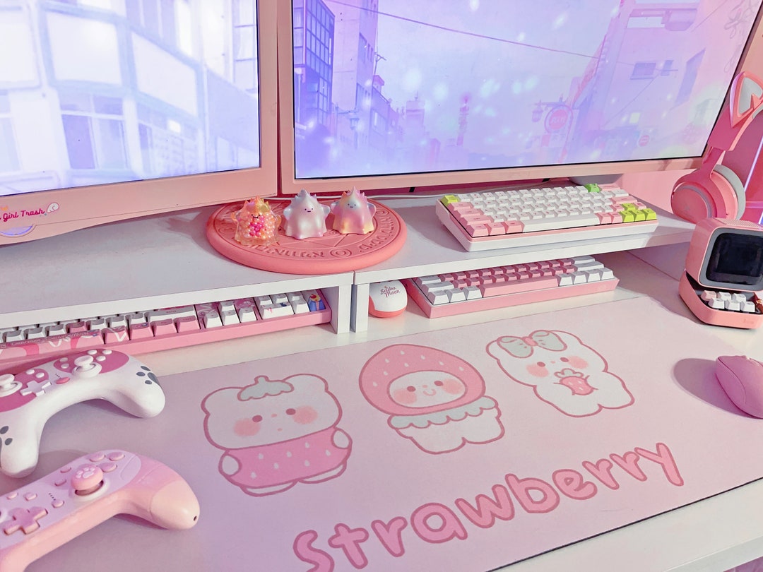 Strawberry Pink Desk Mat Kawaii Gamer Desk Mat Cute Gaming - Etsy UK
