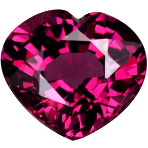 May include: A heart-shaped, deep pink gemstone with a faceted cut. The gem is highly reflective and has a brilliant shine.