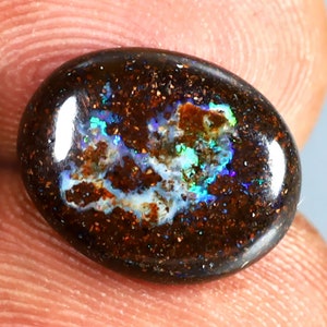 May include: A dark brown oval opal gemstone with iridescent blue, green, and white flashes. The opal has a rough, textured surface.