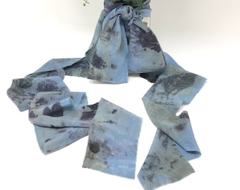 Botanical Print, Indigo blue--- 100% Crepe de chine silk ribbon, hand frayed edge, hand rolled, hand dyed, botanical steam print, indigo dye