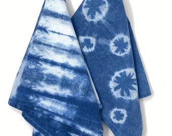 Hand-dyed, indigo blue with shibori print on 100% cotton tea towels, Set of 2