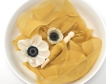 Golden Yellow--- 100% Gauze silk ribbon, hand frayed edge, hand rolled, Silk Gauze