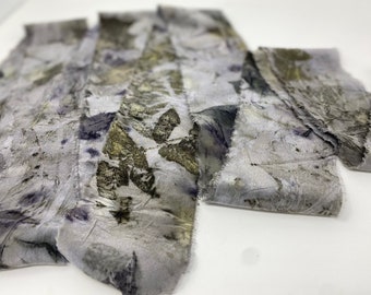 Botanical Print, Deep plum --- 100% Crepe de chine silk ribbon, hand frayed edge, hand rolled, hand dyed, botanical steam print, logwood dye