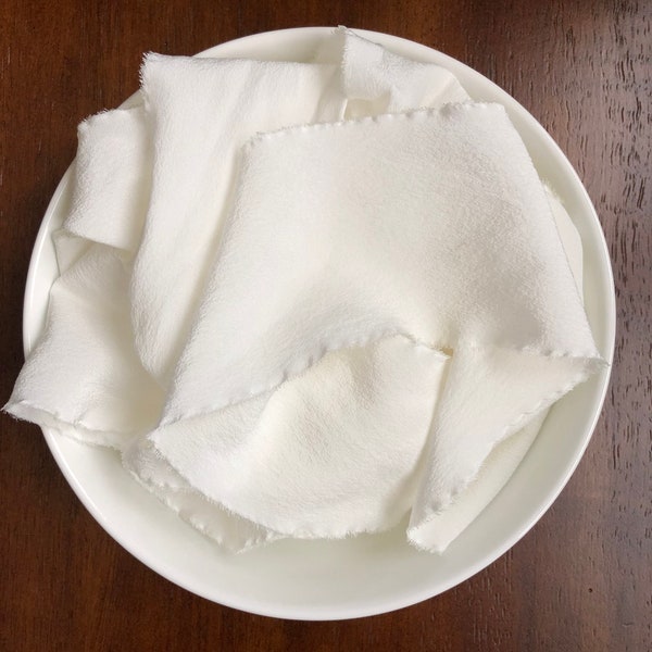 Bright White--- 100% Crepe de chine silk ribbon, hand frayed edge, hand rolled, UNDYED Crepe de chine