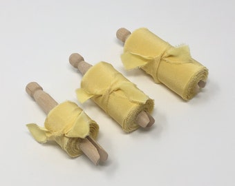 Light Sunflower Yellow--- 100% Crepe de chine silk ribbon, hand frayed edge, hand rolled, Crepe de chine