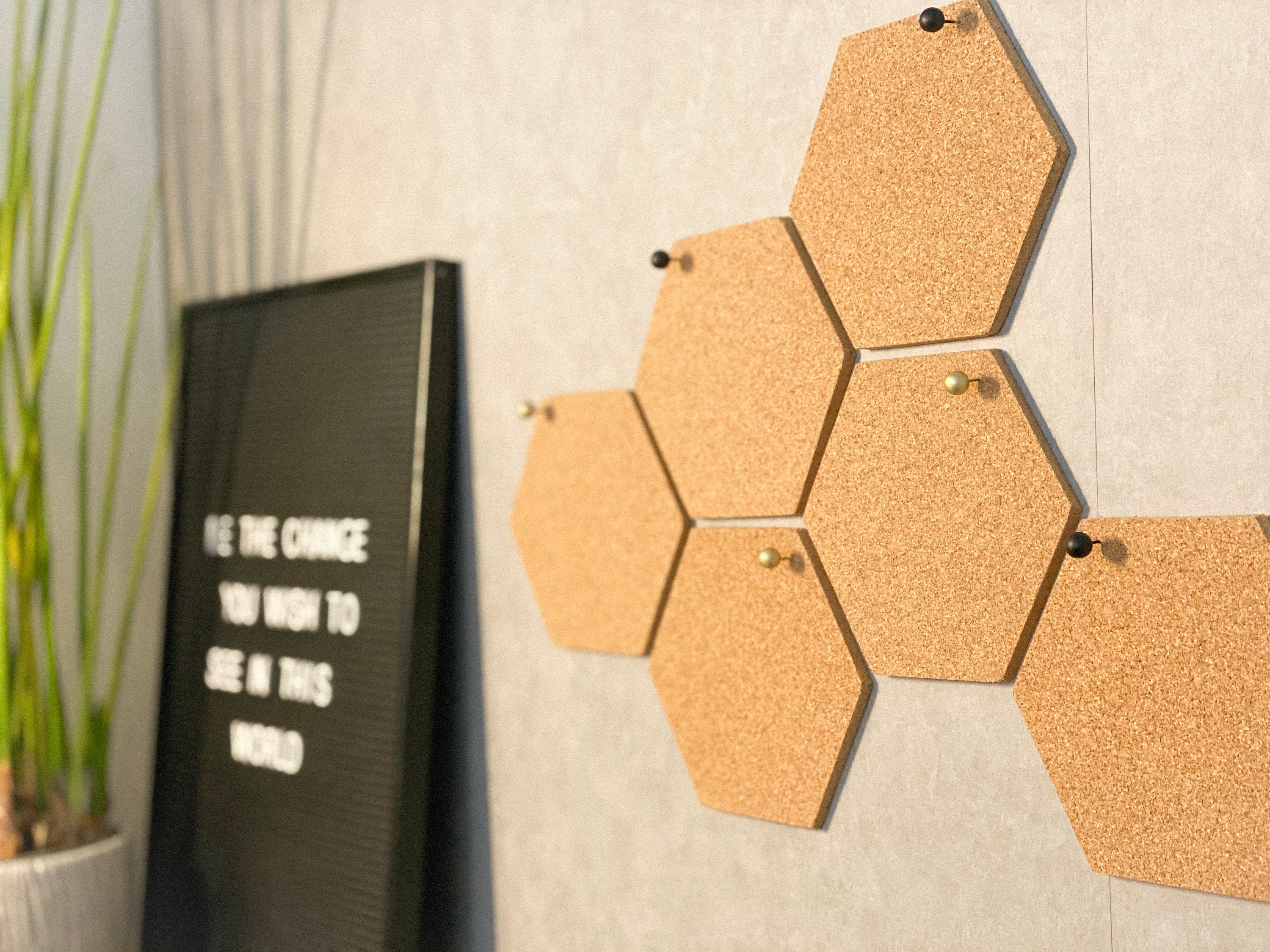 Hexagon Cork Board Tiles Self Adhesive, Pin Board Decoration, 4 Pack with  40 Push Pins 