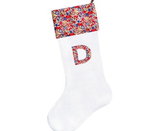 Liberty of London Christmas Stocking with Initial, White Linen Christmas Stocking, Cottagecore Christmas Stocking Linen