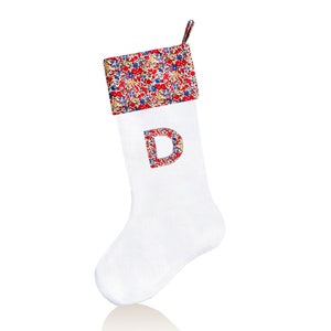 Liberty of London Christmas Stocking with Initial, White Linen Christmas Stocking, Cottagecore Christmas Stocking Linen
